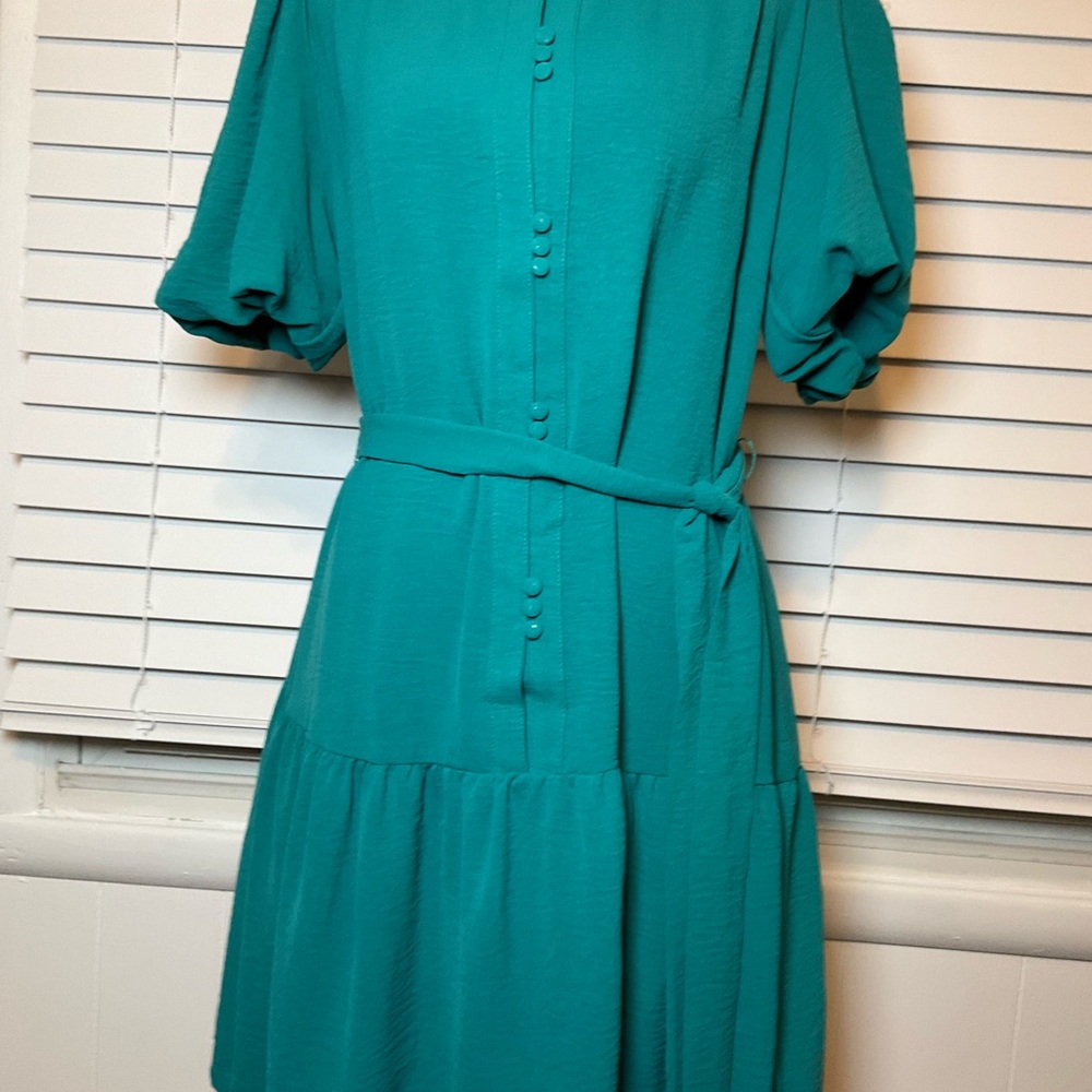 Umgee Teal Button-Front Midi Dress with Self-Tie Belt